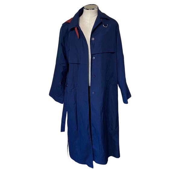 Vintage Investment Hooded Belted Trenchcoat Blue and Red Women's Size 10 - Picture 11 of 16